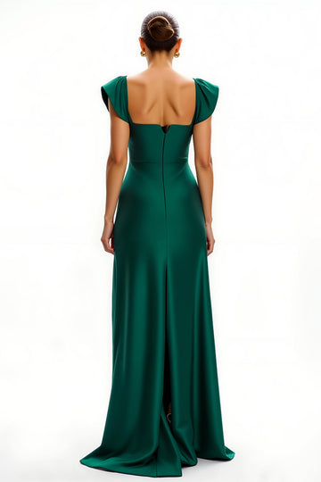 V-Neck Sheath Satin Dark Green Holiday Dress With Slit
